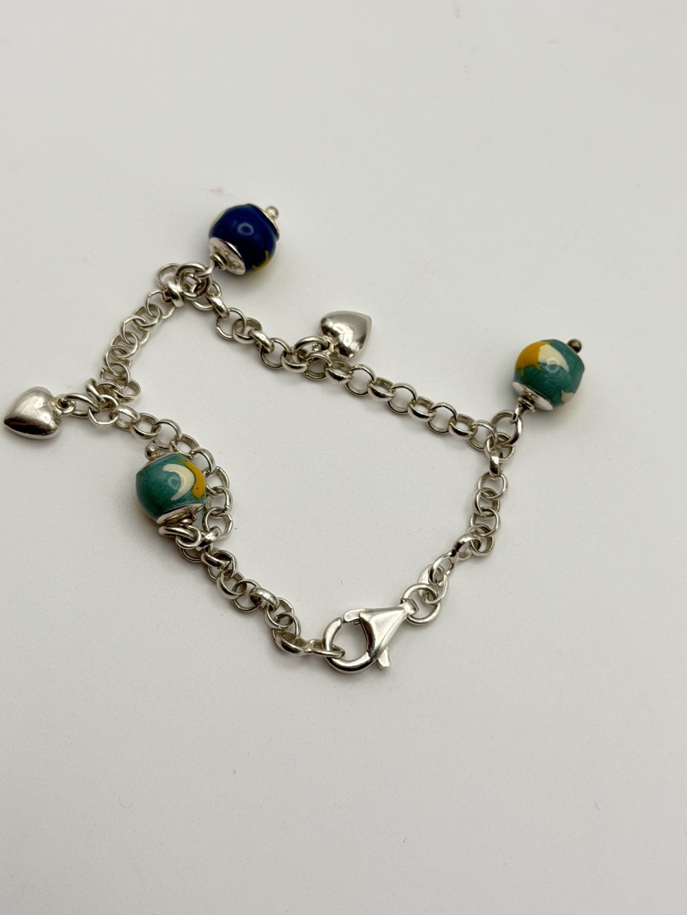 Sterling Silver Charm Bracelet with Puffy Hearts & Venetian Murano Glass
